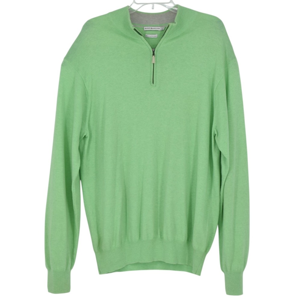 Peter Millar Men's L Cotton Cashmere Luxury Blend 1/4 Zip Sweater Green Pullover